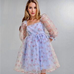 Baby Blue Floral Organza Babydoll Dress Sz S